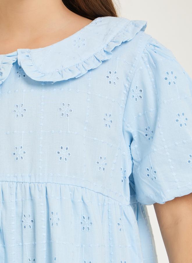 Styli Girls Blue Schiffli Puff Sleeve Midi Dress - Image 2